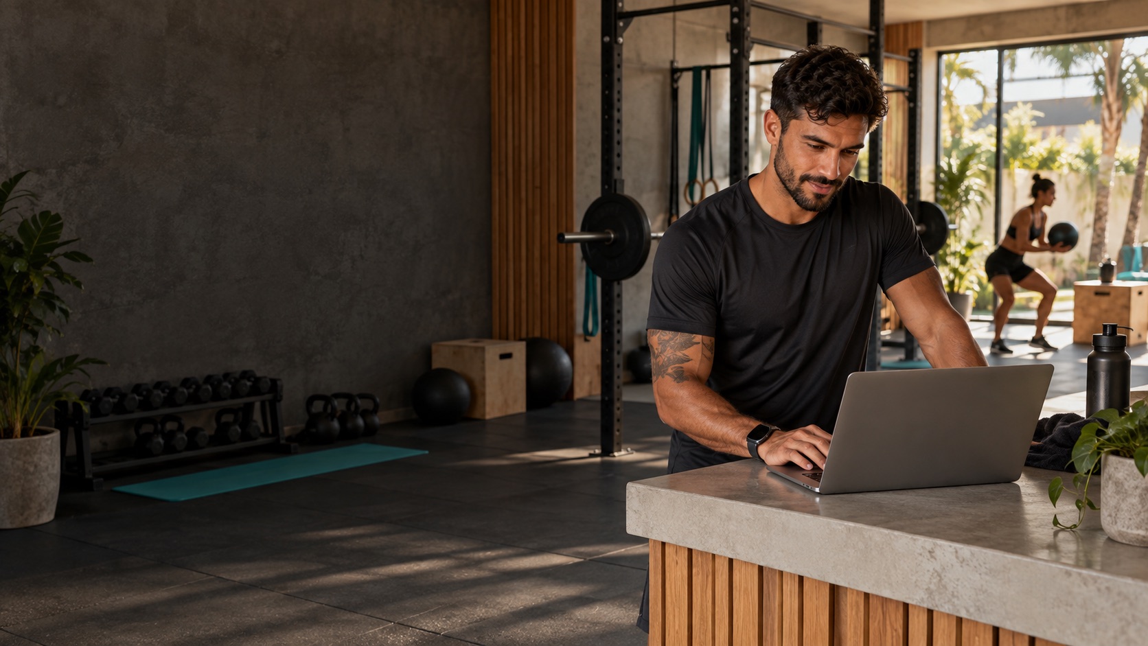 Coach com notebook em um estúdio de treinamento