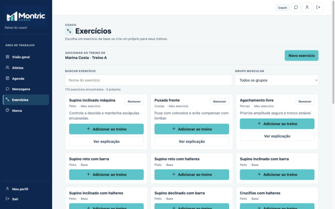 Biblioteca real de exercícios no painel do coach